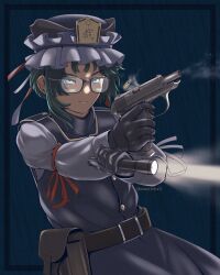Rule 34 | 1girl, absurdres, asymmetrical hair, belt, bespectacled, black gloves, blue eyes, collared vest, dim lighting, flashlight, frilled hat, frills, glasses, gloves, green hair, gun, handgun, hat, highres, holding, holding gun, holding weapon, holster, shiki eiki, sleeve bow, solo, soretsu nitohei, touhou, vest, walther, walther ppk, weapon