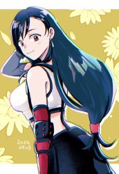 Rule 34 | 1girl, 2na3ke, arm behind head, arm up, bare shoulders, birthday, black gloves, black hair, black skirt, breasts, closed mouth, commentary, crop top, dated, earrings, elbow gloves, final fantasy, final fantasy vii, final fantasy vii rebirth, final fantasy vii remake, floral background, from side, gloves, hair behind ear, jewelry, large breasts, light blush, long hair, looking at viewer, looking to the side, low-tied long hair, red eyes, single arm guard, single earring, skirt, smile, solo, suspender skirt, suspenders, symbol-only commentary, tank top, teardrop earrings, tifa lockhart, upper body, very long hair, white tank top