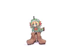 Rule 34 | 1girl, absurdres, amano pikamee, blonde hair, blush, boots, bright pupils, brown footwear, chibi, dinosaur hood, drop dead deputy, green eyes, green hoodie, hair between eyes, highres, hood, hoodie, looking down, official alternate costume, open hands, oversized clothes, smile, solo, twintails, virtual youtuber, voms, white background, white pupils