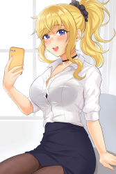 Rule 34 | 1girl, :d, alternate costume, arm support, black bra, black choker, black scrunchie, black skirt, blonde hair, blue eyes, blush, bra, bra visible through clothes, breasts, brown pantyhose, cellphone, choker, collared shirt, commentary request, dress shirt, genmon, hair ornament, hair scrunchie, highres, holding, idolmaster, idolmaster cinderella girls, large breasts, long hair, nail polish, ohtsuki yui, open mouth, pantyhose, pencil skirt, phone, pink nails, ponytail, scrunchie, shirt, shirt tucked in, sitting, skirt, smile, solo, teeth, thighs, underwear, upper teeth only, wavy hair