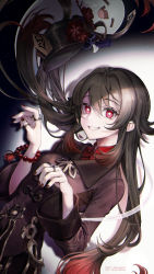 Rule 34 | 1girl, bead bracelet, beads, black headwear, bracelet, brown hair, claw pose, closed eyes, fang, flower, genshin impact, ghost, half-closed eyes, highres, hu tao (genshin impact), jewelry, kashiwagi 0101, long sleeves, looking at viewer, multicolored hair, nail polish, plum blossoms, red eyes, red hair, red nails, ring, smile, solo, star-shaped pupils, star (symbol), symbol-shaped pupils, teeth, twintails, two-tone hair