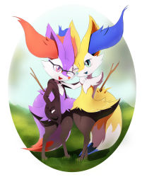 Rule 34 | 2girls, absurdres, alternate color, alternate shiny pokemon, animal ear fluff, animal ears, animal hands, animal nose, aqua eyes, arm behind back, artist name, bespectacled, black-framed eyewear, black fur, black hoodie, black jacket, body fur, border, braixen, cheek-to-cheek, clothed pokemon, commission, creatures (company), dated, day, eryz, female focus, flat chest, fox ears, fox girl, fox tail, furry, furry female, game freak, gen 6 pokemon, glasses, grass, hand in pocket, hand on another&#039;s shoulder, hand up, head tilt, heads together, highres, hood, hoodie, jacket, legs apart, legs together, looking at viewer, multiple girls, nintendo, one eye closed, open clothes, open jacket, outdoors, outside border, pokemon, pokemon (creature), purple fur, red eyes, round image, semi-rimless eyewear, shiny pokemon, signature, snout, stick, tail, white border, white fur, wink, yellow fur
