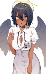 Rule 34 | 1girl, :o, absurdres, agamemega, angel wings, bandaid, bent over, blue hair, blush, breast pocket, breasts, buttons, cleavage, collared shirt, dark blue hair, english text, halo, hat, highres, id card, long shirt, looking at viewer, nurse cap, open mouth, original, pen, pocket, rectangular halo, shirt, short hair, simple background, solo, tongue, v, white background, white shirt, wings, yellow eyes