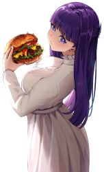 Rule 34 | 1girl, absurdres, blunt bangs, breasts, bright pupils, burger, commentary request, cowboy shot, dress, fern (sousou no frieren), food, from behind, hair ornament, highres, holding, holding burger, holding food, kazzan93, large breasts, long hair, long sleeves, looking at viewer, purple eyes, purple hair, simple background, solo, sousou no frieren, straight hair, white background, white dress