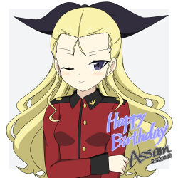Rule 34 | 1girl, assam (girls und panzer), birthday, black ribbon, blonde hair, blue eyes, character name, closed mouth, dated, english text, girls und panzer, grey background, hair pulled back, hair ribbon, hand on own arm, happy birthday, highres, ichinose jun, jacket, long hair, long sleeves, looking at viewer, military uniform, one eye closed, red jacket, ribbon, smile, solo, st. gloriana&#039;s military uniform, uniform