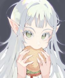 Rule 34 | 1girl, blunt bangs, burger, colored eyelashes, commentary, eating, elf, english commentary, food, green eyes, grey background, grey hair, hair intakes, hands up, highres, holding, holding food, long hair, looking at viewer, milka (milk4ppl), original, pointy ears, portrait, purple outline, simple background, solo