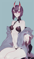 Rule 34 | 1girl, blue background, bob cut, collarbone, fate/grand order, fate (series), horns, kaifei (kaifei 29), midriff, navel, off shoulder, oni, petals, purple eyes, purple hair, revealing clothes, short hair, shuten douji (fate), shuten douji (first ascension) (fate), simple background, sitting, smile, solo, stomach, thick eyebrows, thighs