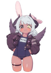 Rule 34 | 1girl, amaryllis gumi, animal ears, black eyes, black wings, blue one-piece swimsuit, bridal garter, closed mouth, commentary request, feral lemma, hands on own hips, heterochromia, highres, horns, jacket, long hair, long sleeves, old school swimsuit, one-piece swimsuit, purple jacket, rabbit ears, school swimsuit, short hair, simple background, smile, solo, swimsuit, thighs, virtual youtuber, white background, white hair, wings, yellow eyes, yotsutsuji mayoi