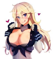 Rule 34 | 10s, 1girl, :q, bad id, bad pixiv id, bare shoulders, blonde hair, blue eyes, blush, breasts, cleavage, gloves, hayabusa, iowa (kancolle), kantai collection, large breasts, long hair, looking at viewer, smile, solo, star-shaped pupils, star (symbol), symbol-shaped pupils, tongue, tongue out, upper body