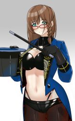 Rule 34 | 1girl, blush, breasts, brown hair, buffy (risottosf), charlotte corday (fate), charlotte corday (swimsuit caster) (fate), charlotte corday (swimsuit caster) (third ascension) (fate), cleavage, fate/grand order, fate (series), glasses, gloves, green eyes, hair between eyes, highres, looking at viewer, navel, short hair, smile