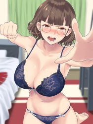 Rule 34 | 1girl, angry, bare shoulders, bed, bedroom, blue bra, blue panties, blunt bangs, blush, bra, brown eyes, brown hair, clenched hand, collarbone, commentary request, desk, embarrassed, eyewear strap, frown, glasses, highres, incoming attack, incoming punch, kantai collection, looking at viewer, midriff, navel, open mouth, outstretched hand, panties, pillow, pov, punching, roma (kancolle), shingyou (alexander-13), short hair, skirt, stomach, underwear, unworn skirt