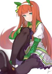 Rule 34 | 1girl, animal ears, black gloves, blunt bangs, blurry, blurry foreground, collared jacket, ear covers, fataaa, gloves, green eyes, hairband, highres, horse ears, horse girl, horse tail, jacket, juliet sleeves, knee up, long hair, long sleeves, looking at viewer, orange hair, pantyhose, pleated skirt, puffy sleeves, shoes, signature, silence suzuka (umamusume), simple background, sitting, skirt, smile, solo, tail, umamusume, white background, white jacket, white skirt