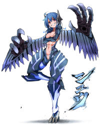 Rule 34 | 1girl, aragami, claws, commentary request, crossed arms, full body, god eater, grin, mecha musume, onio, personification, red eyes, simple background, smile, solo, standing, standing on one leg, tagme, talons, white background