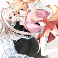 Rule 34 | 2girls, animal ear fluff, animal ears, arm up, bare back, bell, black dress, blonde hair, blue eyes, cat ears, commentary request, detached sleeves, dress, fox ears, fox tail, from behind, hair ornament, hairclip, japanese clothes, jingle bell, kemomimi oukoku kokuei housou, long hair, looking back, mikoko (kemomimi oukoku kokuei housou), multiple girls, nora cat, nora cat channel, pink shirt, red eyes, red skirt, ribbon, shirt, skirt, smile, tail, thighhighs, v, virtual youtuber, white hair, white legwear, yagi-san (wintersky)