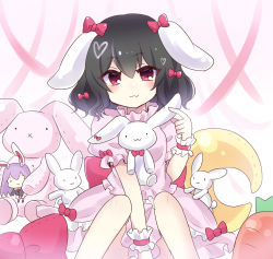 Rule 34 | 1girl, :3, :x, absurdres, animal ears, black hair, bow, carrot-shaped pillow, character doll, commentary request, dress, ear bow, hair between eyes, hair bow, highres, inaba tewi, looking at viewer, pink background, pink dress, puffy short sleeves, puffy sleeves, rabbit ears, red bow, red eyes, reisen udongein inaba, short hair, short sleeves, solo, stuffed animal, stuffed toy, subaru (subachoco), touhou, wrist cuffs