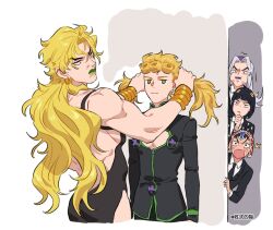 Rule 34 | 5boys, ass, backless dress, backless outfit, black dress, black hair, black jacket, black necktie, blonde hair, blush, bob cut, bracelet, bruno bucciarati, bug, commentary request, crossdressing, dio brando, disgust, dress, earrings, fangs, father and son, giorno giovanna, green eyes, green lips, guido mista, hat, holding another&#039;s hair, honlo, hoop earrings, insect, jacket, jewelry, jojo no kimyou na bouken, ladybug, leone abbacchio, lipstick, long hair, long sleeves, looking at another, makeup, male focus, multiple boys, muscular, muscular male, necktie, open mouth, peeking, red eyes, thighs, vento aureo, very long hair