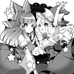 Rule 34 | 2girls, bad id, bad pixiv id, bow, braid, dress, face-to-face, female focus, greyscale, hair bow, hakurei reimu, happy, hat, highres, japanese clothes, kirisame marisa, miko, monochrome, multiple girls, open mouth, ribbon, roh nam kyung, smile, star (symbol), touhou