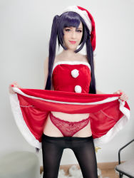Rule 34 | absurdres, bow, bow panties, breasts, christmas, clothes lift, cosplay, cosplay photo, dress, genshin impact, highres, lifted by self, long hair, medium breasts, mona (genshin impact), panties, photo (medium), red dress, red panties, self-upload, skirt, skirt lift, smile, stelarhoshi, thighhighs, underwear