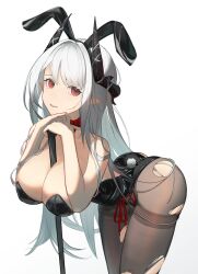 Rule 34 | 1girl, animal ears, arknights, ass, bare shoulders, between breasts, black pantyhose, breasts, cleavage, fake animal ears, highres, horns, jijing zishui, large breasts, leaning forward, leotard, long hair, mudrock (arknights), pantyhose, playboy bunny, rabbit tail, red eyes, tail, thighs, torn clothes, torn pantyhose, white background, white hair