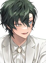 Rule 34 | 11942tm, 1boy, absurdres, alternate hairstyle, blue eyes, collared shirt, commentary request, ensemble stars!, formal, green hair, hair between eyes, heterochromia, highres, jacket, kagehira mika, korean commentary, lapels, looking to the side, male focus, notched lapels, open mouth, portrait, shirt, short hair, simple background, solo, teeth, white background, white jacket, yellow eyes