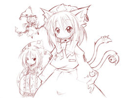 Rule 34 | 3girls, animal ears, animal hat, bell, cat ears, cat girl, cat tail, chen, earrings, fang, female focus, gap (touhou), hands in opposite sleeves, hat, jewelry, long sleeves, mob cap, mogito, monochrome, multiple girls, multiple tails, red theme, short hair, single earring, tail, tail bell, tail ornament, touhou, twintails, umbrella, white background, wide sleeves, yakumo ran, yakumo yukari