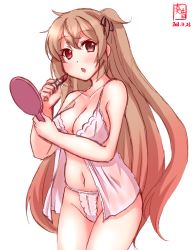 Rule 34 | 1girl, artist logo, babydoll, breasts, brown eyes, cleavage, collarbone, commentary request, cosmetics, cowboy shot, dated, gradient hair, hand mirror, heterochromia, highleg, highleg panties, highres, holding, holding lipstick, holding mirror, kanon (kurogane knights), kantai collection, large breasts, light brown hair, lipstick, lipstick tube, long hair, looking at viewer, makeup, mirror, multicolored hair, murasame (kancolle), panties, red eyes, simple background, solo, two side up, underwear, white background, white panties