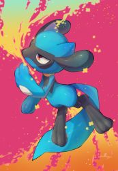 Rule 34 | absurdres, brown eyes, creature, creatures (company), full body, game freak, gen 4 pokemon, highres, nintendo, no humans, nullma, pink background, pokemon, pokemon (creature), riolu, signature, solo, toes