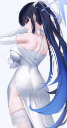 Rule 34 | 1girl, absurdres, arm up, ass, bare back, bare shoulders, blue archive, blue eyes, blue hair, commentary request, cowboy shot, dress, elbow gloves, eternity (shadeh), garter straps, gloves, grey background, highres, long hair, looking at viewer, saori (blue archive), saori (dress) (blue archive), sidelocks, simple background, solo, standing, strapless, strapless dress, thighhighs, thighs, very long hair, white dress, white gloves, white thighhighs