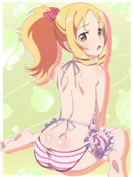 Rule 34 | 1girl, apron, ass, barefoot, between legs, blonde hair, bow, brown eyes, butt crack, drill hair, eromanga sensei, feet, frilled apron, frills, from behind, hand between legs, highres, long hair, looking at viewer, looking back, makicha (sasurainopink), nearly naked apron, open mouth, panties, polka dot, polka dot bow, ponytail, red bow, shiny skin, sitting, soles, solo, striped apron, striped clothes, striped panties, twin drills, twintails, underwear, wariza, white polka dots, yamada elf