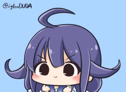 Rule 34 | 1girl, :&gt;, ahoge, animated, animated gif, asimo953, black eyes, chibi, clenched hands, flying sweatdrops, hair flaps, jumping, kantai collection, low twintails, neckerchief, purple hair, school uniform, serafuku, smile, solo, taigei (kancolle), twintails, twitter username, upper body