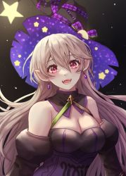 Rule 34 | 1girl, bare shoulders, black dress, breasts, cleavage, corrin (female) (fire emblem), corrin (fire emblem), detached sleeves, dress, earrings, fire emblem, fire emblem fates, fire emblem heroes, hair between eyes, halloween costume, hat, highres, jewelry, large breasts, light brown hair, long hair, looking at viewer, medium breasts, nintendo, official alternate costume, open mouth, pochaimo, pointy ears, red eyes, solo, star (symbol), teeth, twitter username, upper body, witch hat
