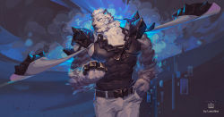 Rule 34 | 1boy, animal ears, arknights, bara, bare arms, black tank top, brass knuckles, bulge, chain necklace, cowboy shot, dog tags, furry, furry male, glowing, glowing eyes, jacket, jacket on shoulders, looking to the side, luerstine, male focus, mountain (arknights), muscular, muscular male, necklace, pants, pectorals, scar, scar across eye, scar on face, short hair, shoulder spikes, solo, spikes, tank top, tiger boy, tiger ears, tiger stripes, weapon, white fur, white pants