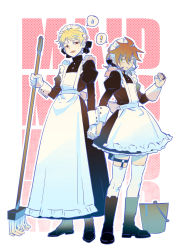 Rule 34 | !, 2boys, absurdres, apron, atou haruki, black dress, black footwear, blonde hair, boots, bucket, chinese commentary, commentary request, dress, english text, frills, gloves, highres, holding, holding hands, holding mop, isoi reiji, long dress, long sleeves, maid, maid apron, maid headdress, male focus, mop, multiple boys, open mouth, parted lips, ribbon, saibou shinkyoku, seventan77, short dress, short hair, sleeve cuffs, socks, speech bubble, spoken exclamation mark, spoken sweatdrop, sweatdrop, white apron, white gloves, white legwear, white ribbon