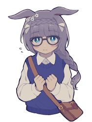 Rule 34 | 1girl, alternate costume, animal ears, bag, black-framed eyewear, black hair, blue eyes, blue sweater vest, blush, braid, braided ponytail, brown bag, clenched hands, closed mouth, collared shirt, commentary request, crown braid, ear ornament, ears down, glasses, highres, horse ears, horse girl, long sleeves, looking at viewer, rjsn, shirt, shoulder bag, simple background, solo, sweater vest, umamusume, white background, white shirt, zenno rob roy (umamusume)