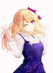 Rule 34 | 1girl, ;), blonde hair, blue dress, bow, closed mouth, dress, frills, hair bow, hands up, highres, hoshino ruby, long hair, long sleeves, looking at viewer, one eye closed, one side up, open hands, oshi no ko, pink bow, pink eyes, shirt, simple background, slacky y, smile, solo, standing, star-shaped pupils, star (symbol), starry sky print, symbol-shaped pupils, twitter username, upper body, white background, white shirt