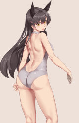 Rule 34 | 1girl, absurdres, animal ears, ass, atago (azur lane), azur lane, babailifen huixiajiu, back, backless swimsuit, bare back, black hair, extra ears, from behind, gloves, half gloves, halterneck, highres, long hair, looking back, looking down, one-piece swimsuit, parted lips, pink lips, simple background, single glove, solo, swimsuit, very long hair, white gloves, yellow eyes