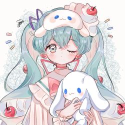 Rule 34 | 1girl, apple, aqua eyes, aqua hair, blush, character request, dress, flower, food, frilled sleeves, frills, fruit, hair between eyes, hair ribbon, hatsune miku, holding, long hair, long sleeves, looking at viewer, one eye closed, purple ribbon, ribbon, sanrio, signature, solo, twintails, upper body, vocaloid, white dress, yalmyu