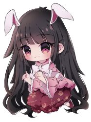 Rule 34 | 1girl, animal ears, black hair, bow, closed mouth, frilled skirt, frilled sleeves, frills, full body, hime cut, houraisan kaguya, japanese clothes, long hair, long sleeves, pink shirt, rabbit ears, red eyes, red footwear, red skirt, rimei, shirt, shoes, skirt, smile, solo, touhou, transparent background, white bow, wide sleeves