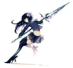 Rule 34 | 1girl, black hair, black shirt, black skirt, black thighhighs, blue eyes, crop top, floating hair, from side, full body, hair ornament, high heels, holding, holding weapon, leaning back, long hair, looking at viewer, midriff, miniskirt, navel, original, pleated skirt, polearm, shirt, simple background, skirt, smile, solo, stomach, thighhighs, very long hair, weapon, white background, yumepon, zettai ryouiki