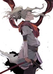 Rule 34 | 1boy, akutsumi, blonde hair, floating clothes, floating hair, from side, gunxsword, long hair, looking up, male focus, ray lundgren, red scarf, scarf, solo, white background