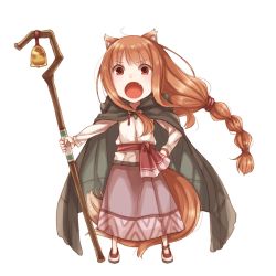Rule 34 | 1girl, animal ears, ayakura juu, bell, braid, brown cape, brown hair, cape, chibi, fang, full body, hand on own hip, holding, holding staff, holo, long hair, long skirt, looking at viewer, low-tied long hair, non-web source, novel illustration, official art, open mouth, ponytail, purple skirt, red eyes, shepherd, shirt, simple background, single braid, skirt, solo, spice and wolf, staff, standing, tail, very long hair, white background, white shirt, wolf ears, wolf tail
