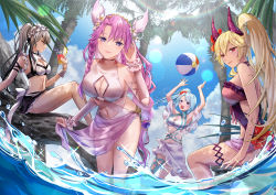 Rule 34 | 4girls, akashic chronicle, arms up, ball, beachball, bikini, bikini skirt, blonde hair, blue eyes, blue hair, blue sky, breasts, cleavage, cleavage cutout, closed mouth, clothing cutout, cloud, cloudy sky, cup, drink, drinking straw, flower, frilled bikini, frills, grey hair, hair flower, hair ornament, highres, holding, holding cup, horns, kusunokinawate, looking at viewer, multiple girls, outdoors, palm tree, pink eyes, ponytail, purple eyes, red eyes, red flower, sky, smile, swimsuit, tree, water