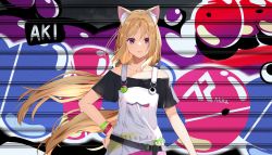 Rule 34 | absurdres, aki rosenthal, aki rosenthal (gaming casual), animal ears, belt, black shirt, blonde hair, bob cut, borumete, bracelet, cat ears, graffiti, highres, hololive, jacket, unworn jacket, jewelry, long hair, low twintails, official alternate costume, official art, overalls, parted bangs, purple eyes, shirt, solo, twintails, virtual youtuber, zipper