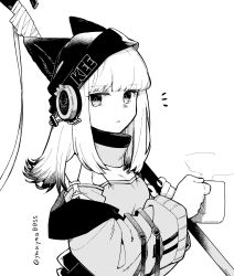 Rule 34 | 1girl, animal ears, arknights, beanie, breasts, clothes writing, cup, fox ears, frostleaf (arknights), greyscale, halberd, hat, headphones, highres, holding, holding cup, holding polearm, holding weapon, implied extra ears, jacket, long hair, looking at viewer, material growth, monochrome, mug, notice lines, off-shoulder shirt, off shoulder, open clothes, open jacket, oripathy lesion (arknights), over shoulder, polearm, scarf, shirt, simple background, small breasts, solo, twitter username, upper body, weapon, weapon over shoulder, white background, yom (ymayma00ss)