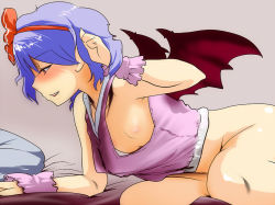 Rule 34 | 1girl, bad id, bad pixiv id, bat wings, blue hair, blush, bottomless, downblouse, fang, female focus, flat chest, hair flip, hairband, hand in own hair, hyudora, nipples, no panties, red eyes, remilia scarlet, short hair, solo, touhou, wings, wrist cuffs