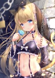 Rule 34 | 1girl, animal ear fluff, animal ears, arm behind back, bare shoulders, bdsm, black bow, black skirt, black sleeves, blonde hair, blue eyes, blue flower, blurry, blurry foreground, blush, bow, breasts, brick wall, cat ears, cat girl, cat tail, chain, cleavage, closed mouth, commentary request, crop top, crying, crying with eyes open, cuffs, depth of field, detached sleeves, flower, forget-me-not (flower), frilled sleeves, frills, hair bow, highres, holding, holding flower, layered skirt, long hair, long sleeves, medium breasts, navel, original, pleated skirt, skirt, smile, solo, tail, tail raised, tears, veil, very long hair, white bow, yuyuko (yuyucocco)