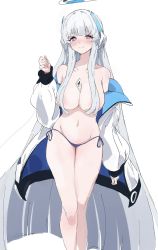 Rule 34 | 1girl, bikini, blue archive, blush, breasts, clenched hand, grey hair, halo, headphones, highres, id card, jacket, large breasts, long hair, looking at viewer, mechanical halo, navel, noa (blue archive), ocha (popopogg), open clothes, open jacket, purple eyes, side-tie bikini bottom, simple background, solo, swimsuit, topless, very long hair, white background, white jacket
