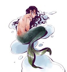 Rule 34 | androgynous, completely nude, covering chest, covering privates, fins, from side, full body, gender request, highres, jisoo kim, long hair, mermaid, monster girl, nude, original, pointy nose, puddle, simple background, solo, water drop, wavy hair, wet, wet hair, white background