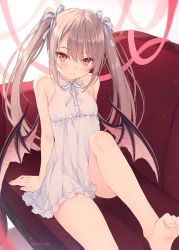 Rule 34 | 1girl, arm support, bare arms, bare shoulders, barefoot, bat wings, blouse, blush, bow, breasts, brown eyes, brown hair, closed mouth, commentary, commentary request, couch, demon girl, dress, feet, female focus, hair between eyes, hair bow, highres, knee up, leaning back, legs, long hair, neck ribbon, on couch, original, pink ribbon, pink wings, red eyes, ribbon, rurudo, shirt, short dress, sitting, sleeveless, sleeveless dress, small breasts, smile, soles, solo, striped, striped bow, sundress, toes, twintails, very long hair, white dress, white ribbon, white shirt, wings
