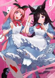 Rule 34 | 2girls, absurdres, alternate costume, animal ears, apron, black footwear, blue dress, blue thighhighs, blush, bow, bow hairband, bowtie, brown hair, card, clenched hand, closed mouth, dress, ear covers, finger to mouth, freely2327, hair down, hairband, haru urara (umamusume), highres, holding hands, horse ears, long hair, looking at viewer, mary janes, multiple girls, open mouth, petticoat, pink hair, pink thighhighs, playing card, puffy short sleeves, puffy sleeves, purple eyes, rice shower (umamusume), shoes, short sleeves, shushing, smile, striped clothes, striped thighhighs, thighhighs, umamusume, wrist cuffs